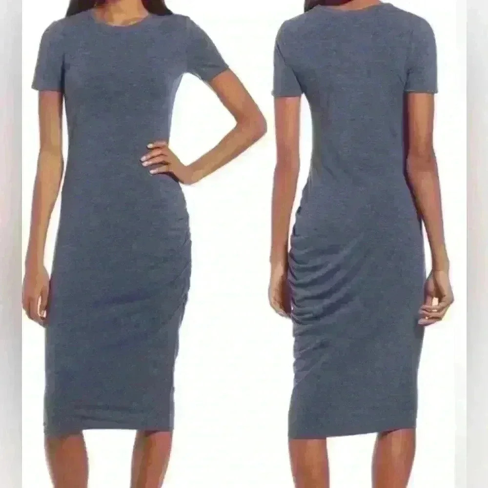 Treasure & Bond Side Ruched Body-Con Dress in Heathered Navy Blue Size XS
